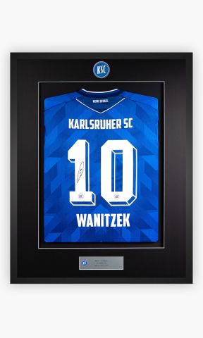 KSC Trikotrahmen, Schwarz, Blau-Weiß, toskanisches Holz, nachhaltige Wabenpappe, Aluminium, 92,5 x 73 x 3 cm, Heimtrikot 25/26, #10 Marvin Wanitzek, handsigniert