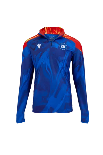 KSC Aufwärmtop Zip Langarm 25-26, Blau, 100% Polyester, Dynamisches Allover-Muster in Feueroptik in verschiedenen Blautönen, Schulterbereich mit auffälliger Flammenstruktur in Orange-Gelb, Zip mit hohen Kragen, KSC-Logo, Meine Heimat Schriftzug im Nacken,
