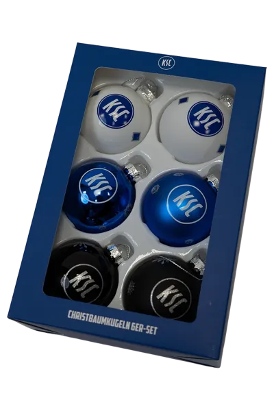 KSC Christbaumkugeln, Blau-Weiß, Schwarz, sechsteiliges Set, Hochwertige, glänzende und matte Oberflächen, jeweils mit dem KSC-Logo verziert