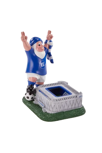 KSC Gartenzwerg, Blau-Weiß, 100 % Polyresin, Gartenzwerg im KSC Fan-Outfit mit Trikot, Schal und Fussball, Miniatur-Nachbildung des BBBank Wildpark-Stadions, wetterfest, robustes Material für Innen- und Außenbereich