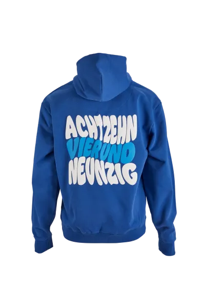 KSC Hoodie, Blau, 100% Bio-Baumwolle, Hoodie in Blau aus der Wavy‑Kollektion, „KSC“-Buchstaben auf der Vorderseite, Großflächiger Rückenprint „ACHTZEHN VIERUND NEUNZIG“ im Wavy‑Design, Kapuze und Kängurutasche