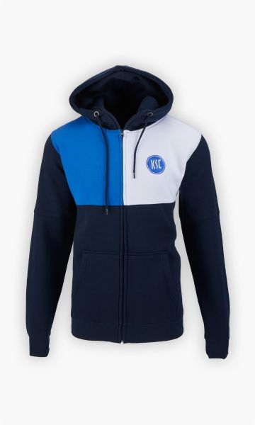 KSC Sweatjacke Kids, Dunkelblau, Hellblau, Weiß, 60 % Baumwolle, 40 % Polyester, dreifarbig, Kapuze mit Kordelzug, zwei Frontaschen, Reisverschluss, gesticktes KSC-Logo