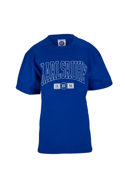 KSC T-Shirt Kids, Royalblau, 100 % Baumwolle, Großer „KARLSRUHE“-Schriftzug in Weiß auf der Vorderseite, KSC-Logo mit „1894“-Details, Rundhalsausschnitt
