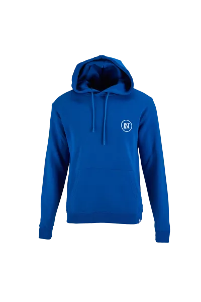 KSC Hoodie Basic Blau 100% Baumwolle gesticktes KSC-Logo 1894-Schriftzug am Bund Kapuze mit Kordelzug Kängurutasche