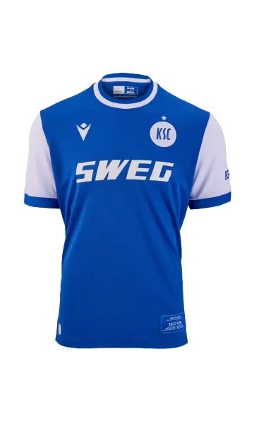KSC Trikot Pokal Kids 25-26, Blau-Weiß, 100% Polyester, Pokaltrikot, Trikot vom DFB-Pokal 1955 und 1956 nachempfunden, mit weiß abgesetzter Rundhalsausschnitt, Ärmel in Weiß, KSC-Logo in Weiß, Meisterstern