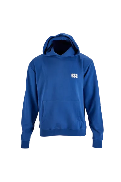 KSC Hoodie, Blau, 100% Bio-Baumwolle, Hoodie in Blau aus der Wavy‑Kollektion, „KSC“-Buchstaben auf der Vorderseite, Großflächiger Rückenprint „ACHTZEHN VIERUND NEUNZIG“ im Wavy‑Design, Kapuze und Kängurutasche