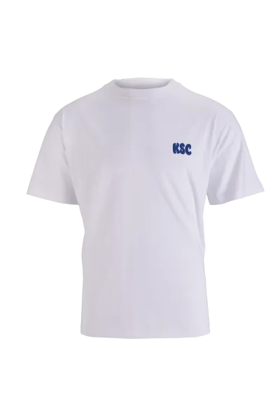 KSC T-Shirt, Weiß, 100% Bio-Baumwolle, Wavy-Kollektion, „KSC“-Buchstaben auf der Vorderseite, Großflächiger Rückenprint „ACHTZEHN VIERUND NEUNZIG“ im Wavy‑Design, Rundhalsausschnitt