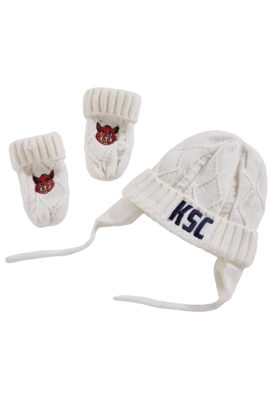 KSC Beanie-Handschuhset Baby, Weiß, Außen: 100 % Acryl, Futter: 100 % Polyester, Set aus Strick‑Beanie und passenden Fäustlingen, Fäustlinge mit Stickerei von Willi Wildpark, Mütze mit Bindebändern für sicheren Halt