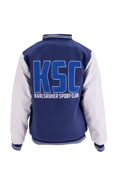 KSC College Jacke, 100 % Polyester, Klassischer College-Look in Navyblau mit Ärmeln in Weiß, Gestickter KSC-Schriftzug in auf der Rückseite, Gerippte Bündchen an Kragen, Ärmeln und Saum, Druckknopfleiste auf der Vorderseite, zwei Seitentaschen