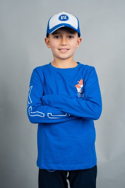 KSC Longsleeve Kids Blau 100% Bio-Baumwolle Großer KSC-Schriftzug auf dem rechten Ärmel Willi Wildpark-Motiv "KARLSRUHER SC" Print im Nackenbereich