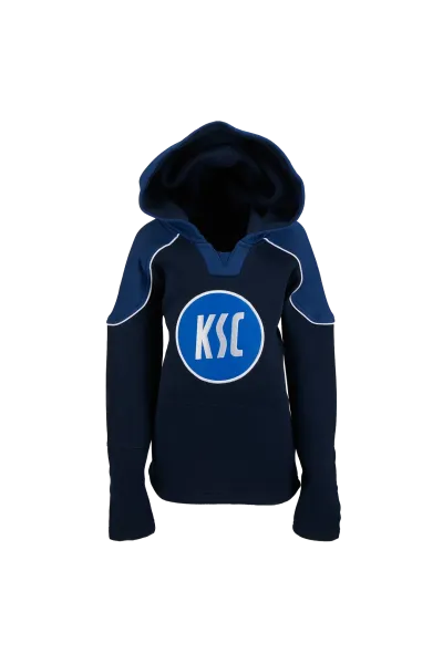 KSC Hoodie Kids, Navyblau, Weiß, 60 % Baumwolle, 40 % Polyester, Großes, auffälliges KSC-Logo auf der Vorderseite, Lace-Up-Kapuze mit Kordelzug, Schulterpartien in Navyblau mit weißen Details