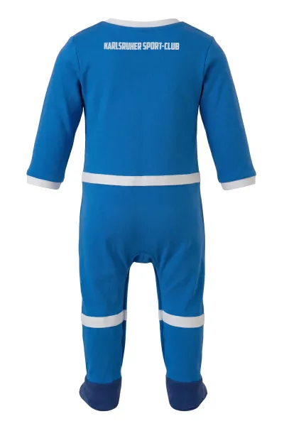 KSC Babybody, Blau-Weiß, 100 % Baumwolle, großes KSC-Logo auf der Vorderseite, Schriftzug Karlsruher Sport-Club auf der Rückseite, Druckknöpfe an den Beinen und am Hals, Füßchen im Sportschuh-Design