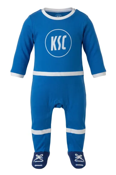 KSC Babybody, Blau-Weiß, 100 % Baumwolle, großes KSC-Logo auf der Vorderseite, Schriftzug Karlsruher Sport-Club auf der Rückseite, Druckknöpfe an den Beinen und am Hals, Füßchen im Sportschuh-Design