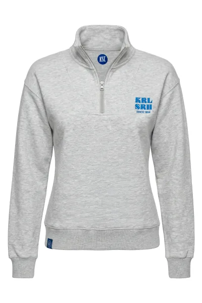 KSC Half Zip Pullover Ladies, Grau, 80 % Baumwolle, 20 % Polyester, 320g m2, Halber Reißverschluss am Kragen, Blauer „KRLSRH SINCE 1894"-Print, Gerippte Bündchen und Saum für optimale Passform