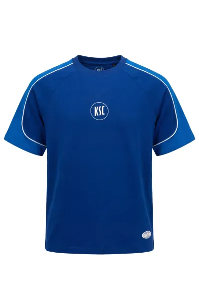KSC T-Shirt, Blau, 95 % Baumwolle aus Biologischer Herkunft, 5 % Elasthan, zurück in die 2000er, heller Blauton an Ärmeln, KSC-Logo mittig auf der Brust, Retro-Look