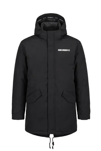 KSC Parka, Schwarz, 100% Polyester, Wasserabweisendes Außenmaterial, mit Kapuze, Praktische Fronttaschen mit Pattenverschluss, Dezenter „Karlsruher SC“-Schriftzug auf der Brust, mit Innenfutter