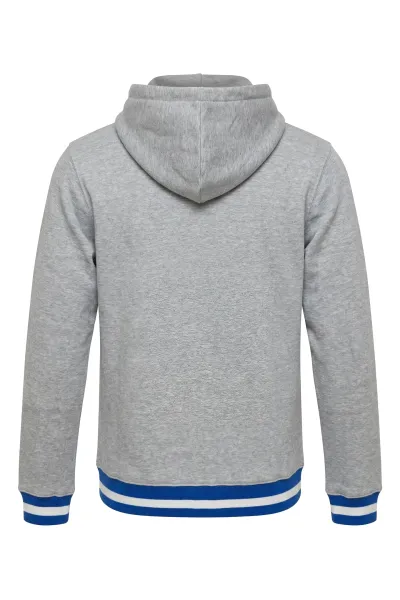 KSC Sweatjacke, Grau, 60 % Baumwolle, 40 % Polyester, KSC-Logo auf der Brust, Durchgehender Reißverschluss, Kapuze mit Kordelzug, Bündchen in Blau-Weiß an Saum und Ärmeln
