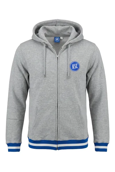 KSC Sweatjacke, Grau, 60 % Baumwolle, 40 % Polyester, KSC-Logo auf der Brust, Durchgehender Reißverschluss, Kapuze mit Kordelzug, Bündchen in Blau-Weiß an Saum und Ärmeln