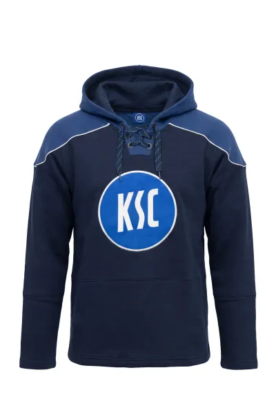 KSC Hoodie, Navyblau, Weiß, 60 % Baumwolle, 40 % Polyester, Großes, auffälliges KSC-Logo auf der Vorderseite, Lace-Up-Kapuze mit Kordelzug, Schulterpartien in Navyblau mit weißen Details