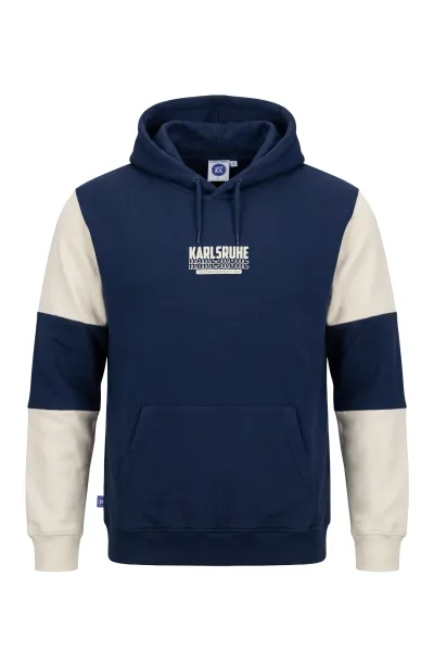 KSC Hoodie, Navyblau-Beige, 65 % Baumwolle, 35 % Polyester, Gestickter Schriftzug "Karlsruhe – Traditionsklub seit 1894", Kängurutasche, Kapuze mit Kordelzug, Blockdesign an Ärmeln