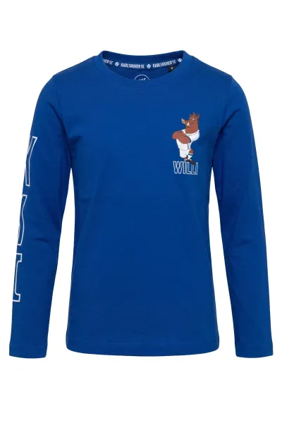 KSC Longsleeve Kids Blau 100% Bio-Baumwolle Großer KSC-Schriftzug auf dem rechten Ärmel Willi Wildpark-Motiv "KARLSRUHER SC" Print im Nackenbereich