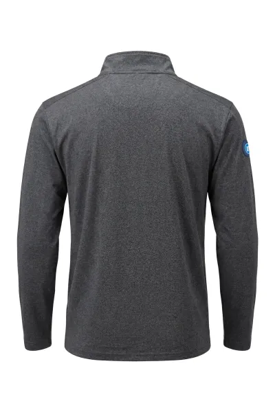 KSC Longsleeve, anthrazit, 100% Recyceltes Polyester Interlock, Funktionsmaterial in Melange‑Optik, 1/4‑Zip mit blauem Reißverschluss, KSC‑Logo in der Innenseite vom Nacken, KSC-Logo‑Patch am rechten Ärmel
