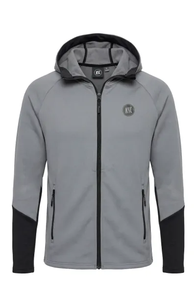 KSC Fleecejacke, Grau-Schwarz, 95 % Polyester, 5 % Elasthan, Kapuze, Reisverschluss an der Vorderseite, Seitentaschen mit Reisverschluss, KSC-Logo