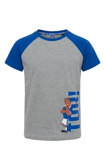KSC T-Shirt Kids Grau 100% Bio-Baumwolle Willi Wildpark-Motiv Schriftzug "TOR!" Rundhalskragen und Ärmel in Blau "KARLSRUHER SC" Print im Nackenbereich