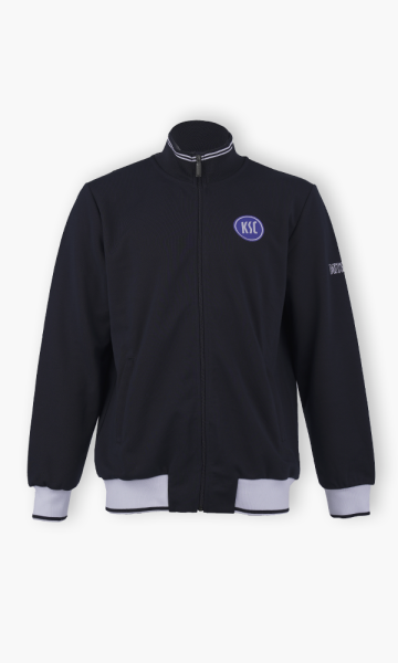 KSC Retrojacke Mitglied Dunkelblau 100% Polyester Seitentaschen KSC-Logo Weiße Akzente an Bündchen und Kragen Mitglied-Schriftzug auf linken Ärmel 