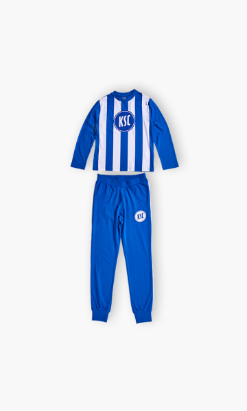 KSC Schlafanzug Kids Blau-Weiß 100% Baumwolle Großes KSc-Logo auf Vorderseite Streifendesign zweiteiler aus Oberteil und Hose