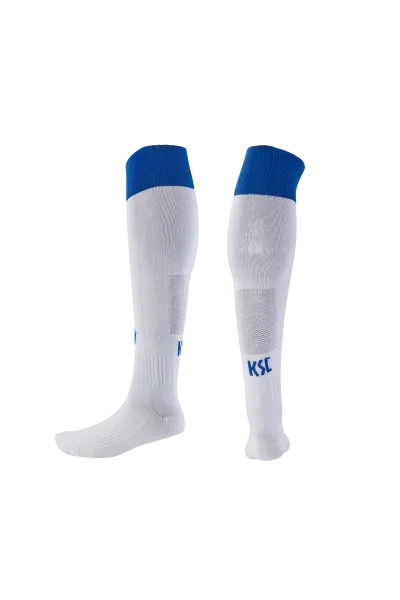 KSC Stutzen Auswärts 25-26, Weiß, 80% Nylon, 15% Baumwolle, 5% Elasthan, atmungsaktives Material, KSC-Schriftzug, Verstärkung an Ferse und Zehen