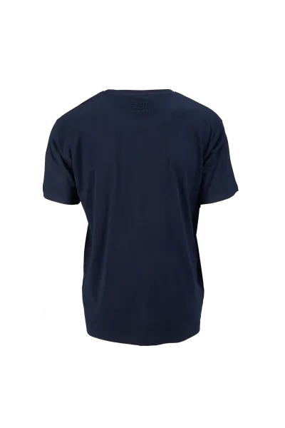 KSC T-Shirt, Navyblau, 100 % Baumwolle, aufgestickter Balkenschal in Blau-Weiß, dezentes KSC-Logo im hinteren Nackenbereich, Rundhalsausschnitt