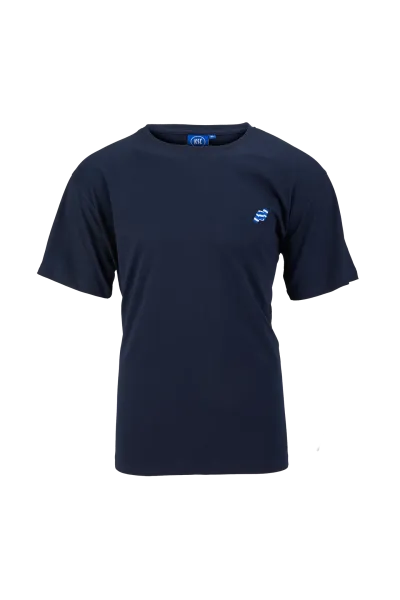 KSC T-Shirt, Navyblau, 100 % Baumwolle, aufgestickter Balkenschal in Blau-Weiß, dezentes KSC-Logo im hinteren Nackenbereich, Rundhalsausschnitt