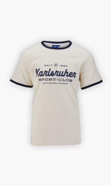 KSC T-Shirt Cremefarben 100% Baumwolle Retro-Look Karlsruher Sport-Club Schriftzug Rundhalskragen Ärmel mit dunkelblauer Umrandung