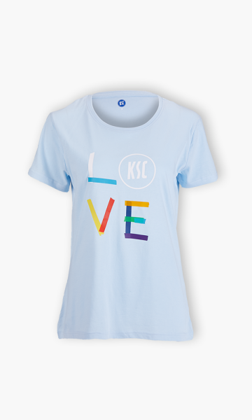 KSC T-Shirt Ladies Hellblau 100% Baumwolle Bunter Love-Schriftzug "O" als KSC Logo in Weiß einzelne Buchstaben im Quadrat Rundhalskragen