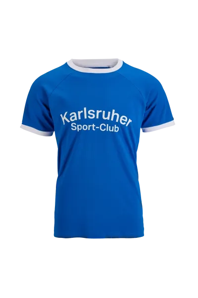 KSC T-Shirt, Blau, 100 % Baumwolle aus Biologischer Herkunft, Retro-Design, Rundhalskragen und Ärmelbündchen in weiß, „Karlsruher Sport-Club“-Schriftzug auf der Vorderseite