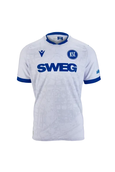 KSC Trikot Auswärts 25-26, Weiß, 100% Polyester, Stadtplan von Karlsruhe, blaue Akzente an Kragen und Ärmel, KSC-Logo, Fidelitas-Wappen, Zeilen aus dem Lied Für immer KSC, Rückennummer im Retro-Stil