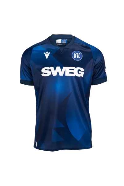 KSC Trikot Ausweich 25-26, Stahlblau, 100% Polyester, glänzender Stoff, hellere und dunklere Farbverläufe in stahlblauen Farben,  KSC-Logo, "Meine Heimat." Schriftzug gestickt im Nacken, Rückennummer im Retro-Stil