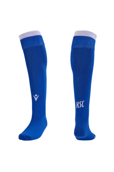 KSC Stutzen Pokal, Blau-Weiß, 80% Nylon, 15% Baumwolle, 5% Elasthan, atmungsaktives Material, KSC-Schriftzug, Verstärkung an Ferse und Zehen