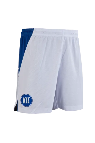 KSC Trikothose Auswärts 25-26, Weiß, 100% Polyester, atmungsaktives Material, texturierter Stoff, elastischer Bund, KSC-Logo gestickt, blaue Seitenstreifen
