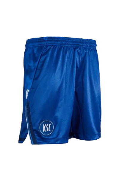 KSC Trikothose Heim 25-26, Blau-Weiß, 100% Polyester, glänzender Stoffelastischer Bund, KSC-Logo gestickt, Muster aus Dreiecken und Pfeilen seitlich