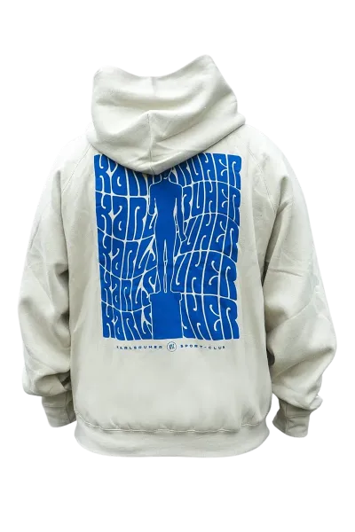 KSC Hoodie, Cremefarben, 60 % Baumwolle, 40 % Polyester, gestickter Schriftzug Karlsruher Sport-Club, Backprint mit Nacktem Mann und dynamischem Karlsruhe-Schriftzug, Kängurutasche, Kapuze 