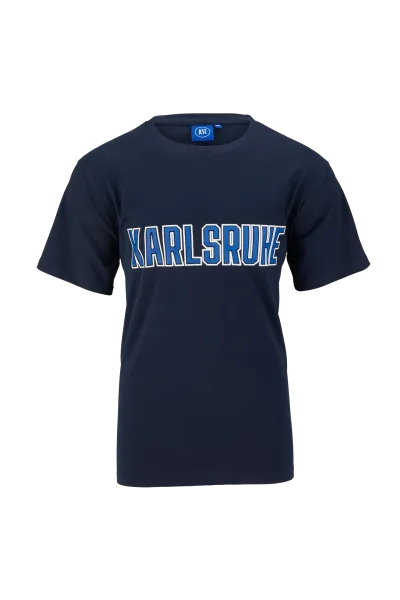 KSC T-Shirt Navyblau 2025 100% Baumwolle KARLSRUHE-Schriftzug vorn blaue Kontur weiße Outline klassischer Schnitt 