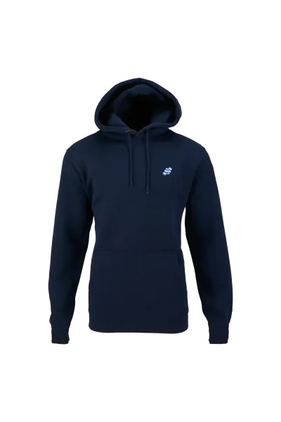 KSC Hoodie, Navyblau, 60 % Baumwolle, 40 % Polyester, aufgestickter Balkenschal in Blau-Weiß, Stickerei mit KSC-Schriftzug an Ärmel, Kängurutasche, Kapuze mit Kordelzug