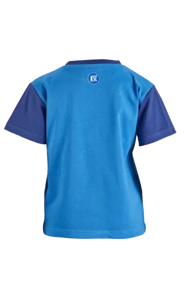 KSC T-Shirt, 100% Baumwolle, hellblau, dunkelblau, Kids, Zweifarbiges Design in Hellblau und Dunkelblau, Dunkelblau an Ärmeln und Rundhalsausschnitt, Breiter weißer Mittelstreifen mit „KARLSRUHER SPORT‑CLUB“, Rundes KSC‑Logo auf der Brust