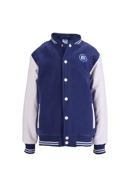 KSC College Jacke kids, 100 % Polyester, Klassischer College-Look in Navyblau mit Ärmeln in Weiß, Gestickter KSC-Schriftzug in auf der Rückseite, Gerippte Bündchen an Kragen, Ärmeln und Saum, Druckknopfleiste auf der Vorderseite, zwei Seitentaschen