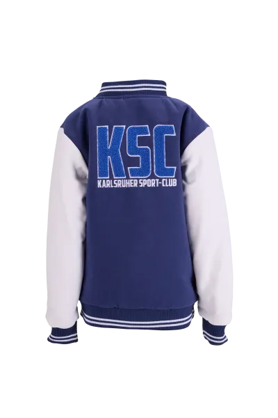 KSC College Jacke kids, 100 % Polyester, Klassischer College-Look in Navyblau mit Ärmeln in Weiß, Gestickter KSC-Schriftzug in auf der Rückseite, Gerippte Bündchen an Kragen, Ärmeln und Saum, Druckknopfleiste auf der Vorderseite, zwei Seitentaschen