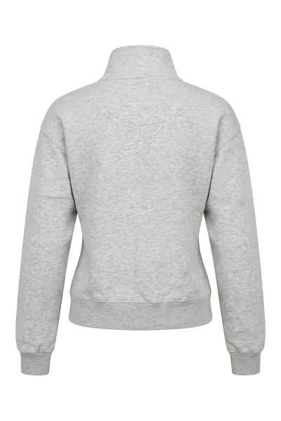 KSC Half Zip Pullover Ladies, Grau, 80 % Baumwolle, 20 % Polyester, 320g m2, Halber Reißverschluss am Kragen, Blauer „KRLSRH SINCE 1894"-Print, Gerippte Bündchen und Saum für optimale Passform