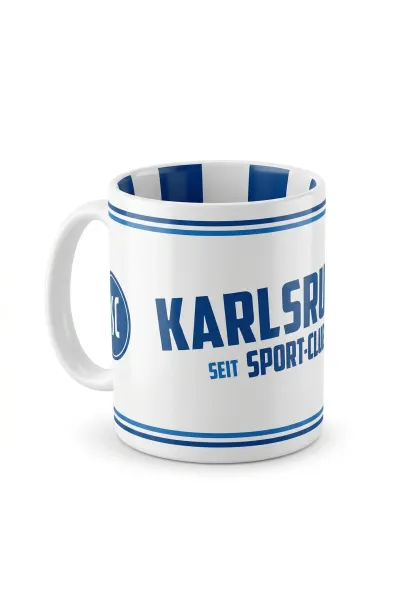 KSC Tasse, Weiß, 100% Keramik, Weiß mit blauen Streifen, Vertikale Blau-Weiße Streifen in der Innenseite, „Karlsruher Sport-Club“-Schriftzug in Blau, KSC-Logo und Gründungsjahr „1894“, Robust und ideal für Heißgetränke