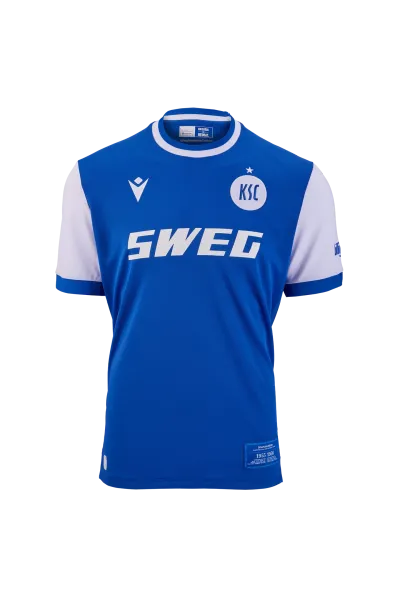 KSC Trikot Pokal Kids 25-26, Blau-Weiß, 100% Polyester, Pokaltrikot, Trikot vom DFB-Pokal 1955 und 1956 nachempfunden, mit weiß abgesetzter Rundhalsausschnitt, Ärmel in Weiß, KSC-Logo in Weiß, Meisterstern